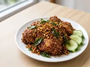 Ayam goreng berempah: dark golden spiced fried chicken pieces topped with crisp fried spice crumbs and curry leaves on a white plate, with sliced cucumber