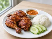 Three grilled chicken legs coated in a sticky, charred spiced coconut sauce on a white plate, with a small bowl of orange percik sauce, white rice and cucumber slices