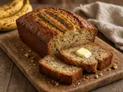 Sliced banana bread loaf on a wooden board with a pat of butter and ripe bananas behind