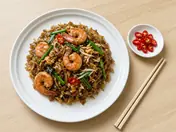 Char kway teow: flat rice noodles stir-fried with prawns, bean sprouts, chives and red chilli