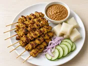 Chicken satay skewers on a white plate with peanut sauce, rice cakes, cucumber and red onion