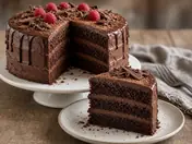 Layered chocolate cake with chocolate frosting, shavings and raspberries, with a slice cut out