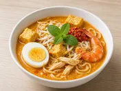 Bowl of curry laksa with noodles, prawn, shredded chicken, tofu puffs, half an egg, sambal and mint