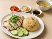Hainanese chicken rice: sliced poached chicken with cucumber and coriander, a dome of chicken rice, chilli, ginger and dark soy sauces and a bowl of soup