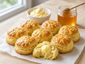 Tall, flaky golden honey butter biscuits on baking paper, one split open with melting honey butter, beside a bowl of honey butter and a jar of honey
