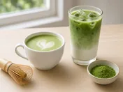 A hot matcha latte with green foam in a white cup and a tall iced matcha latte with a green layer over milk, with a bowl of matcha powder and a bamboo whisk