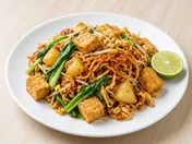 Mee goreng mamak: fried yellow noodles with tofu, potato, egg and greens on a white plate with a lime half