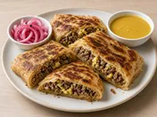Squares of crisp murtabak stuffed with minced beef, egg and onion on a white plate, with pickled red onion and a small bowl of curry