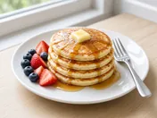 Stack of fluffy golden pancakes with a pat of melting butter and syrup on a white plate, with strawberries, blueberries and a fork