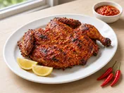A whole spatchcocked peri-peri chicken with charred red chilli-coated skin on a white platter with lemon wedges, a bowl of chilli sauce and fresh red chillies