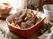Roasted lamb shanks in a baking dish with rosemary and root vegetables on a rustic wooden table