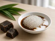 Sago gula melaka: a mound of clear sago pudding in a small bowl with dark palm sugar syrup and coconut milk poured over