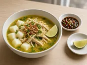 A bowl of soto ayam: golden turmeric chicken broth over rice cubes with shredded chicken, bean sprouts, fried shallots and celery leaves, with lime and a small dish of chilli soy sauce