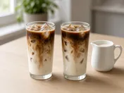 Two glasses of iced Spanish latte with a dark espresso layer floating over creamy milk and ice